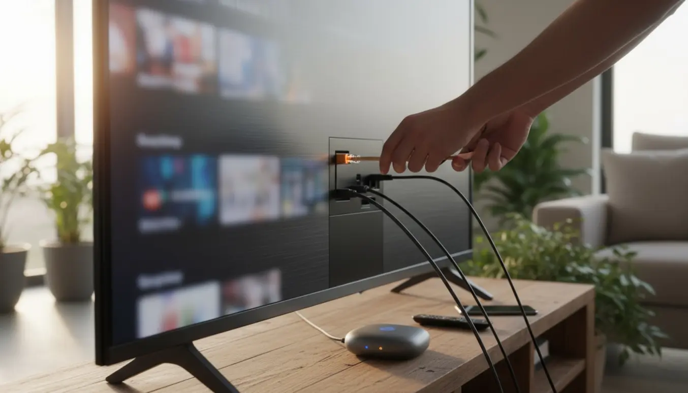 Hænder tilslutter en router og kabler til et moderne TV i stuen for at sætte streaming op.