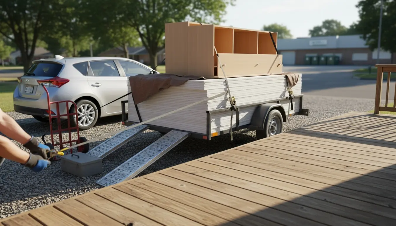 Bil med trailer læsset med gipsplader og et nedtaget skab ved en terrasse, klar til bortkørsel.