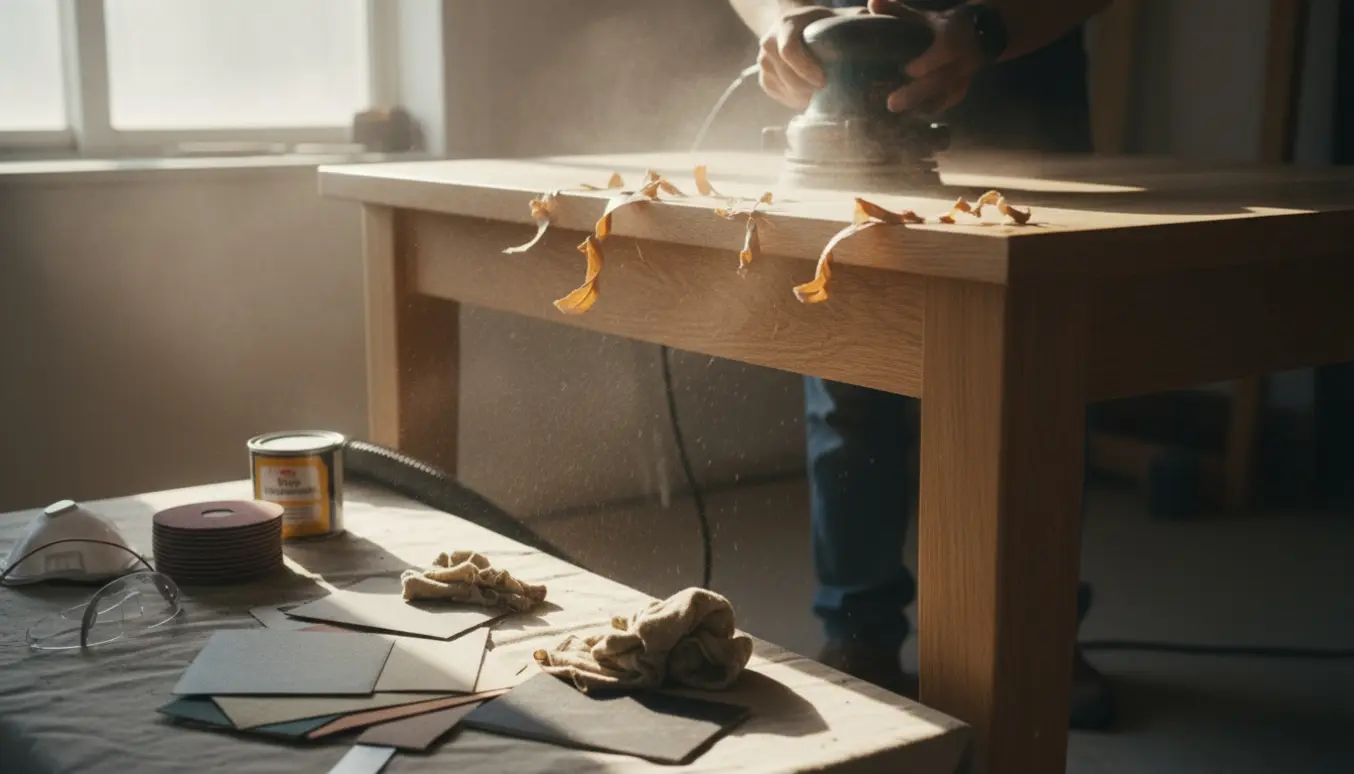 Nærbillede af slibning af et massivt egetræs spisebord med elektrisk sliber, hvor den gamle lak fjernes og træets flotte struktur træder frem.