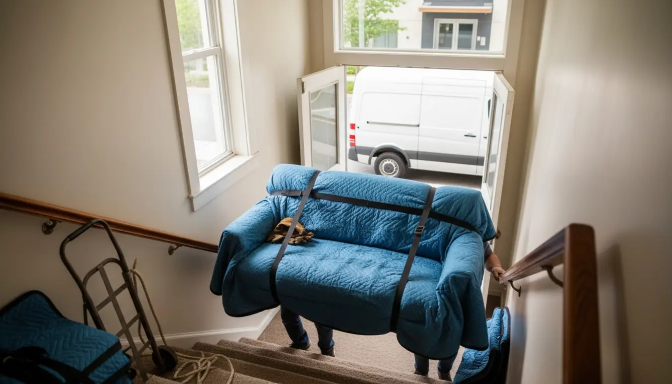 To flyttefolk bærer en indpakket sofa ned ad en smal trappe mod en åben flyttevogn.