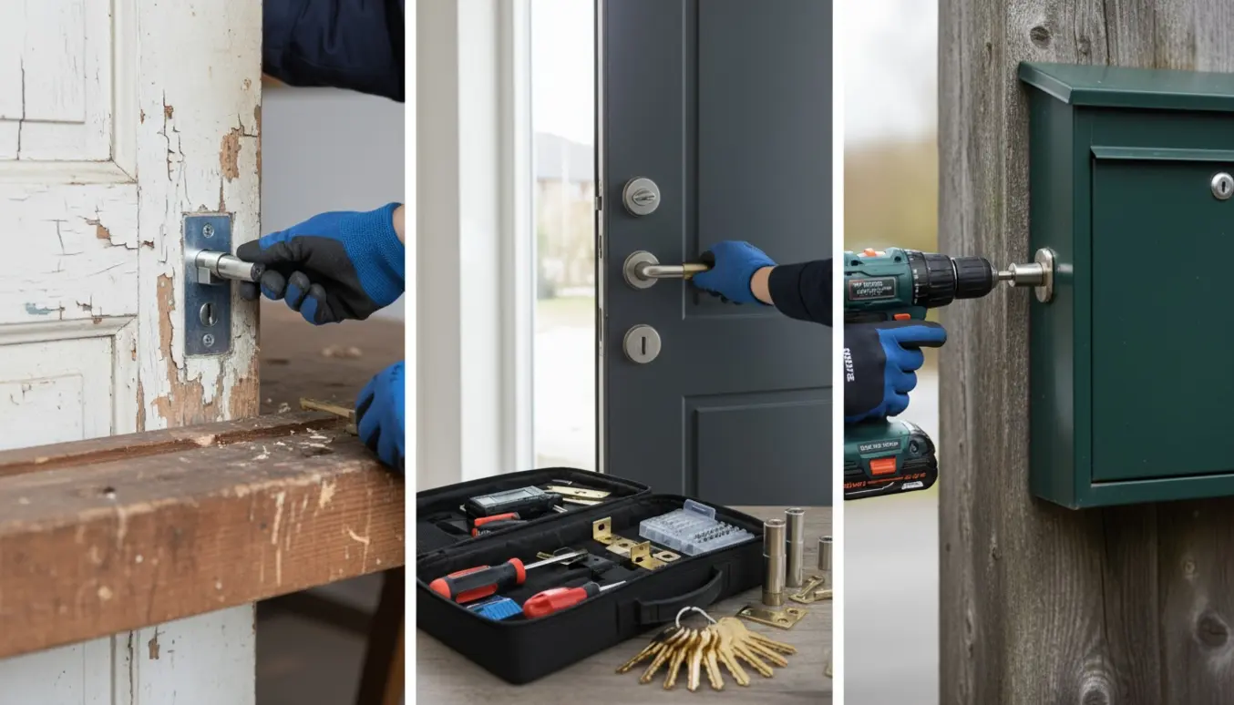 Låsesmed monterer cylindre på en gammel køkkendør, en ny hoveddør og en postkasse med identiske nøgler.