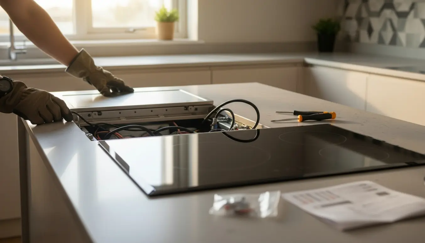Installatør med handsker udskifter en induktionskogeplade i et lyst, moderne køkken.