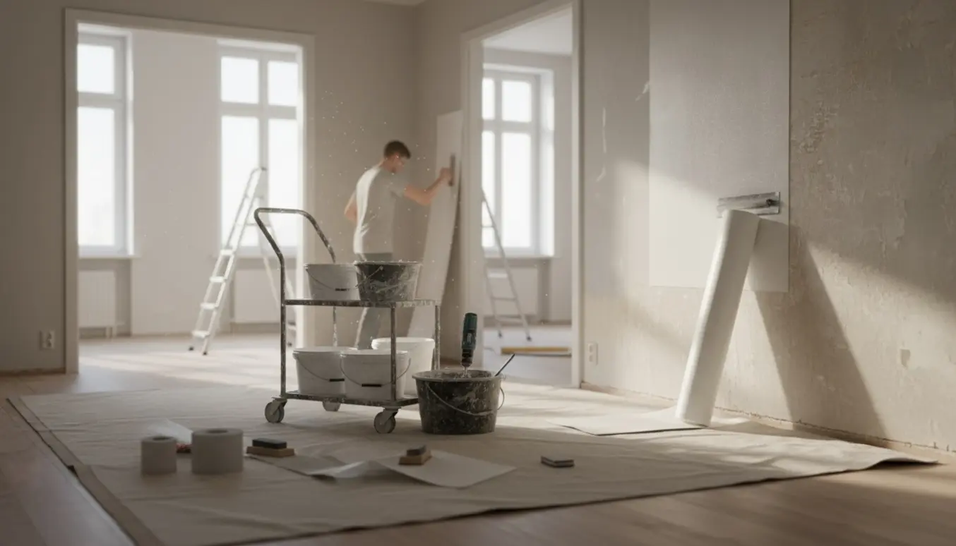 Tom lejlighed under fuld spartling og opsætning af filt med værktøj og ruller af filt synlige.