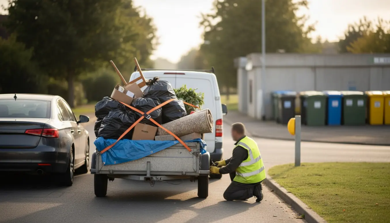 En trailer fyldt med blandet affald i en indkørsel, klar til at blive hentet og kørt til genbrugsstationen.