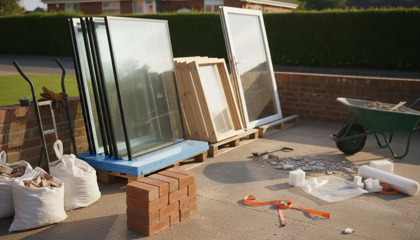 Stakke med vinduesglas, afskårne rammer, en terrassedør, 20 mursten og sække med byggeaffald i en indkørsel under renovering.