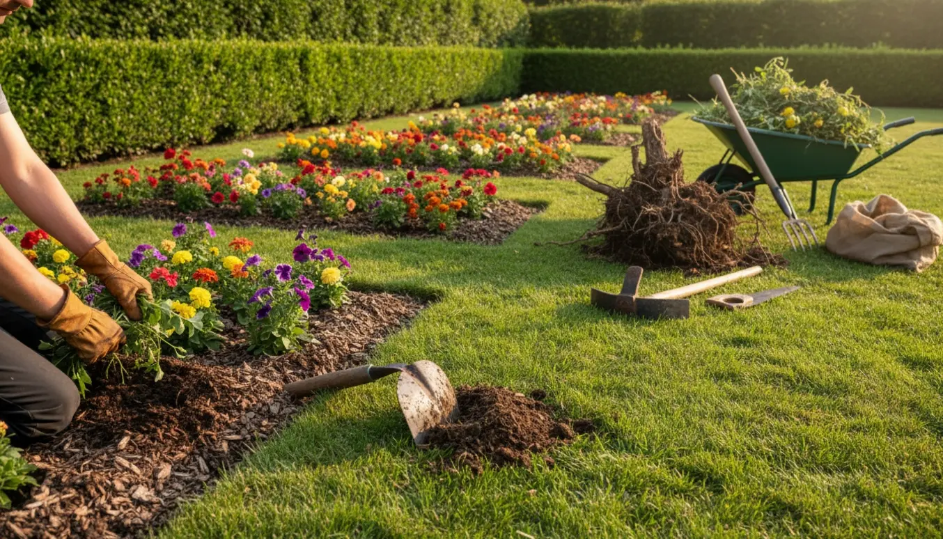 Havearbejde: ukrudt fjernes fra fire små bede langs en hæk, græskant renses, og en buskstub graves op.