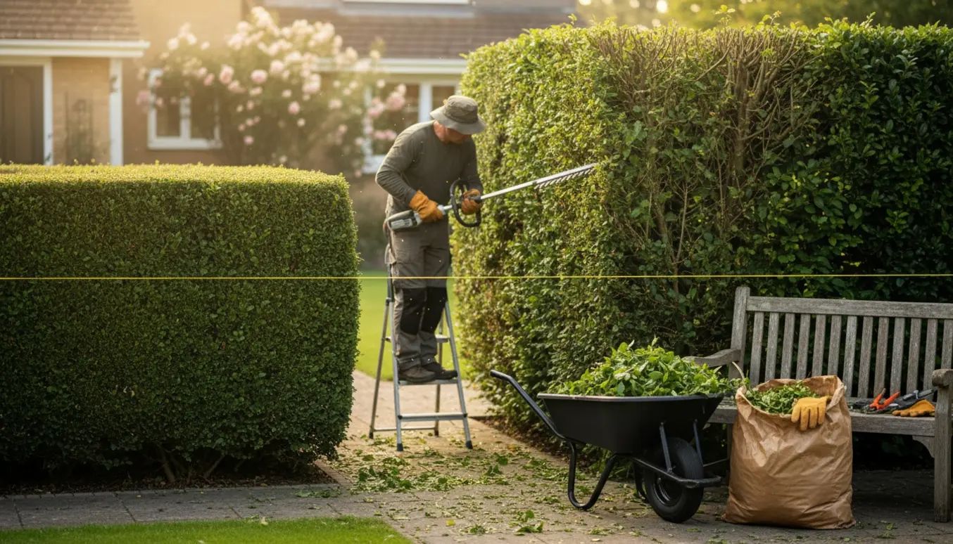 To hække klippes til samme højde med trillebør og sæk fyldt med afklip klar til bortkørsel.