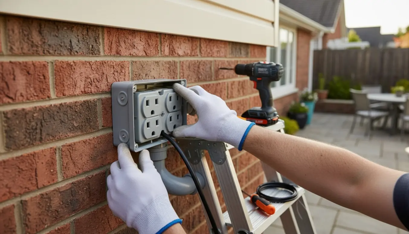 Montør installerer en vejrbestandig udendørs dobbeltstikkontakt på husets facade.