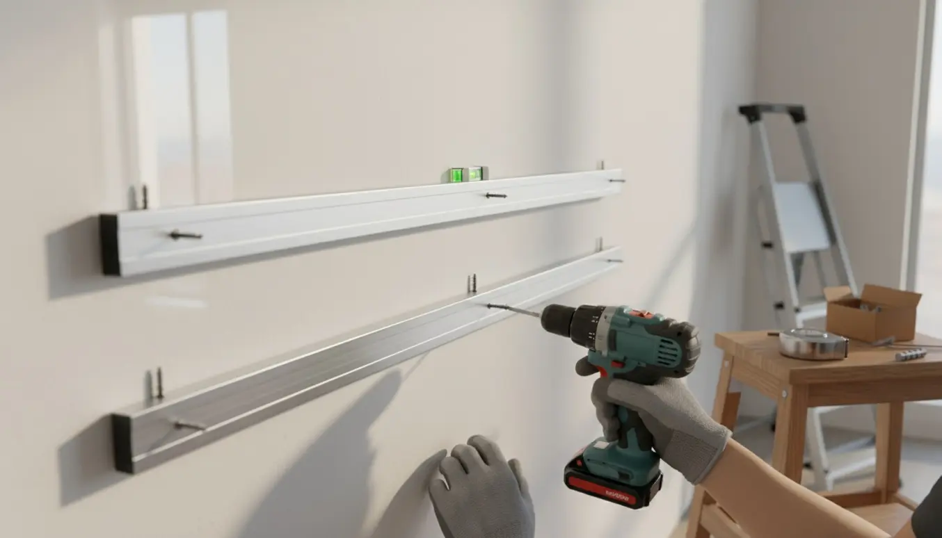 To skinner til galleriophæng monteres på en hvid væg med boremaskine og skruer.