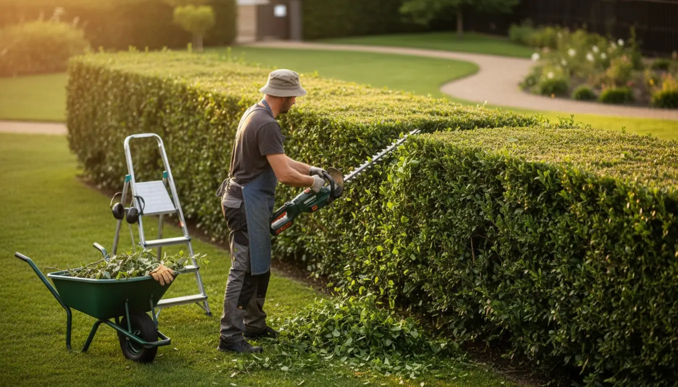 Person trimmer en lang hæk med en hækkeklipper, friske afklip i en trillebør.