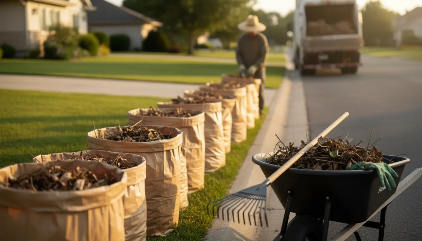 10–12 sække haveaffald stillet ved fortovet klar til afhentning.