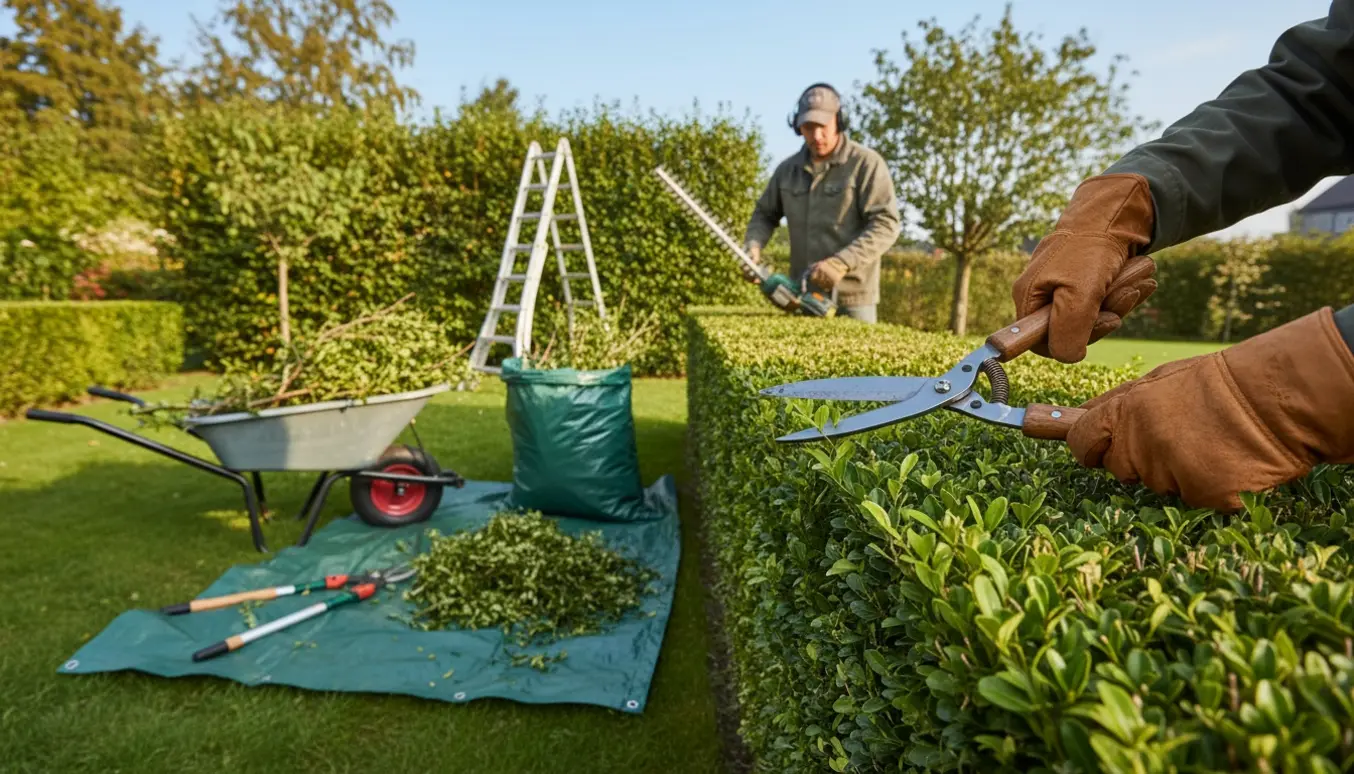 Bagfra ser man en gartner klippe en hæk med hækkeklipper og samle hækafklip i en trillebør.