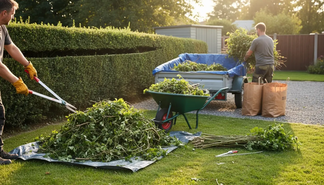 En person set bagfra fjerner en hæk og læsser afklip i en trailer klar til bortkørsel.