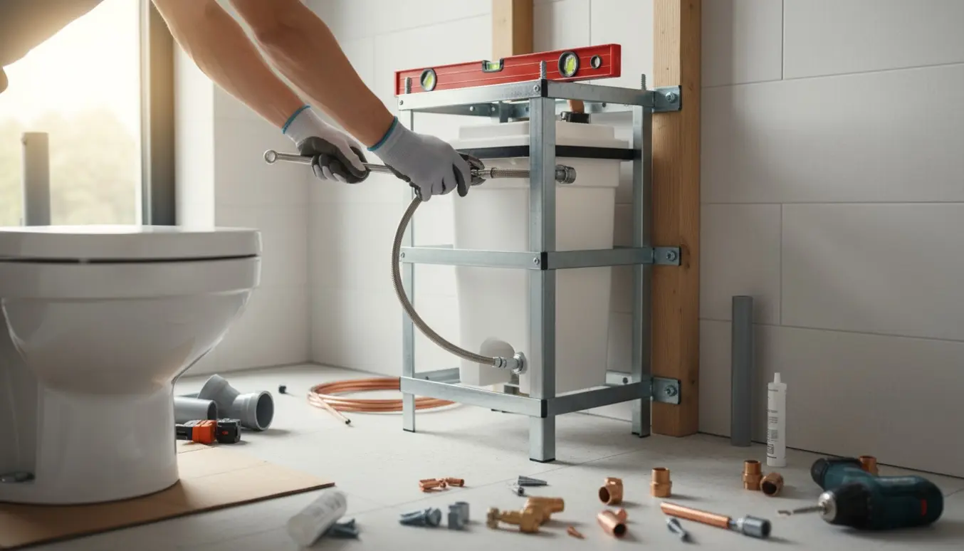 Installering af skjult cisterne og monteringsramme til væghængt toilet med hænder og værktøj i et badeværelse under renovering.