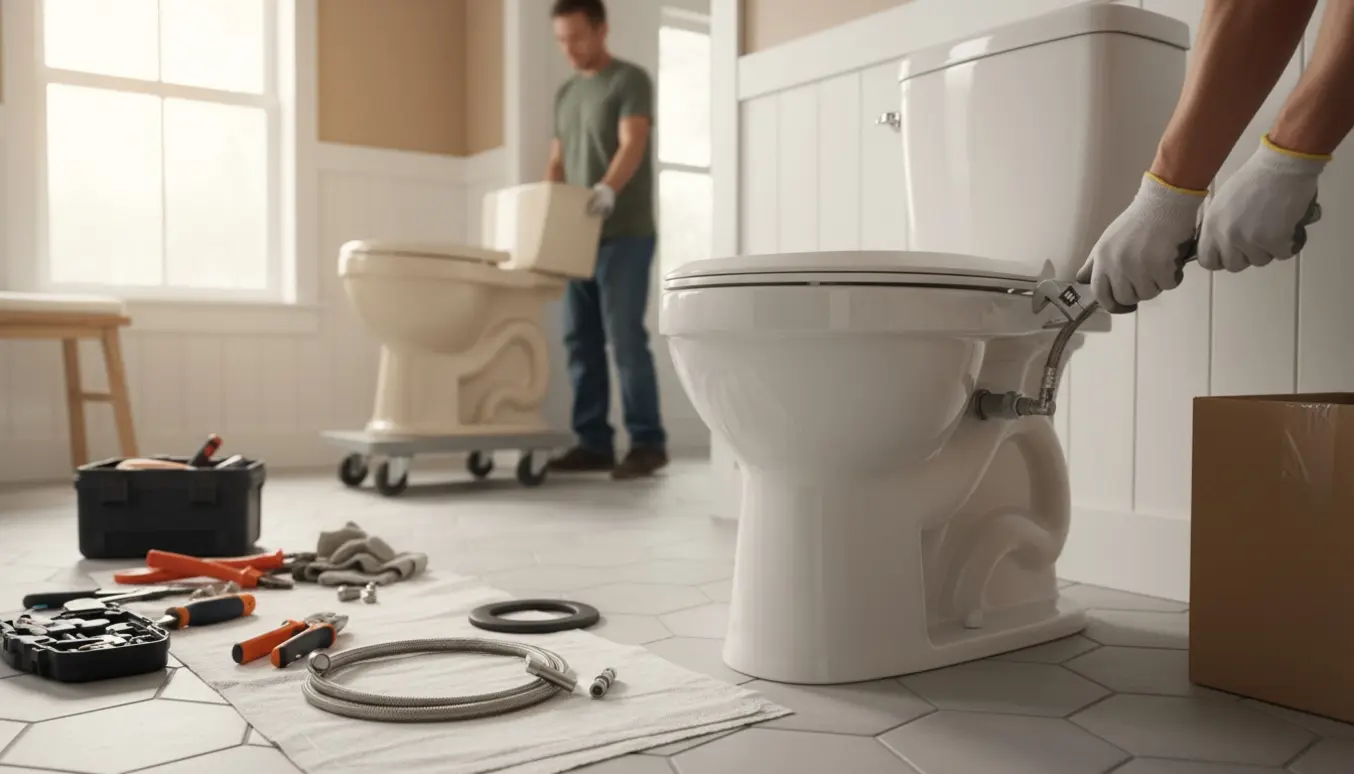 Håndværker monterer nyt hvidt toilet i et lyst badeværelse, mens det gamle toilet fjernes.