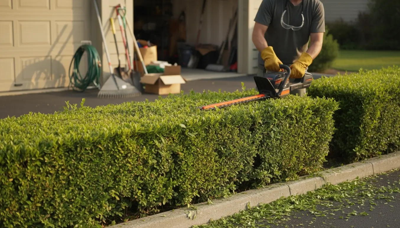 En person beskærer omkring femten meter hæk langs en indkørsel og garage med en lang hækkeklipper.