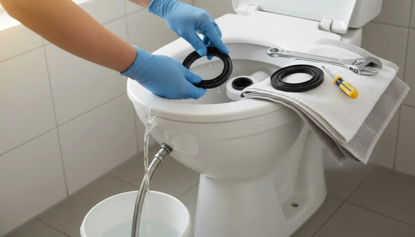 Hænder i handsker udskifter bundpakning i et åbent hvidt toilet med værktøj og en spand ved siden af.