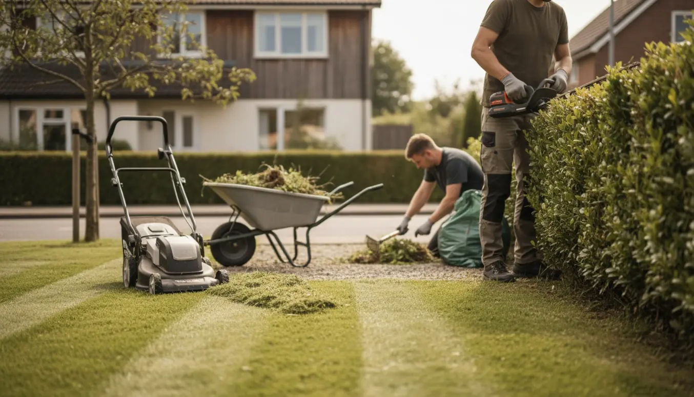 Havearbejde ved hus med slået græs, klippet hæk og samlet grønt affald.