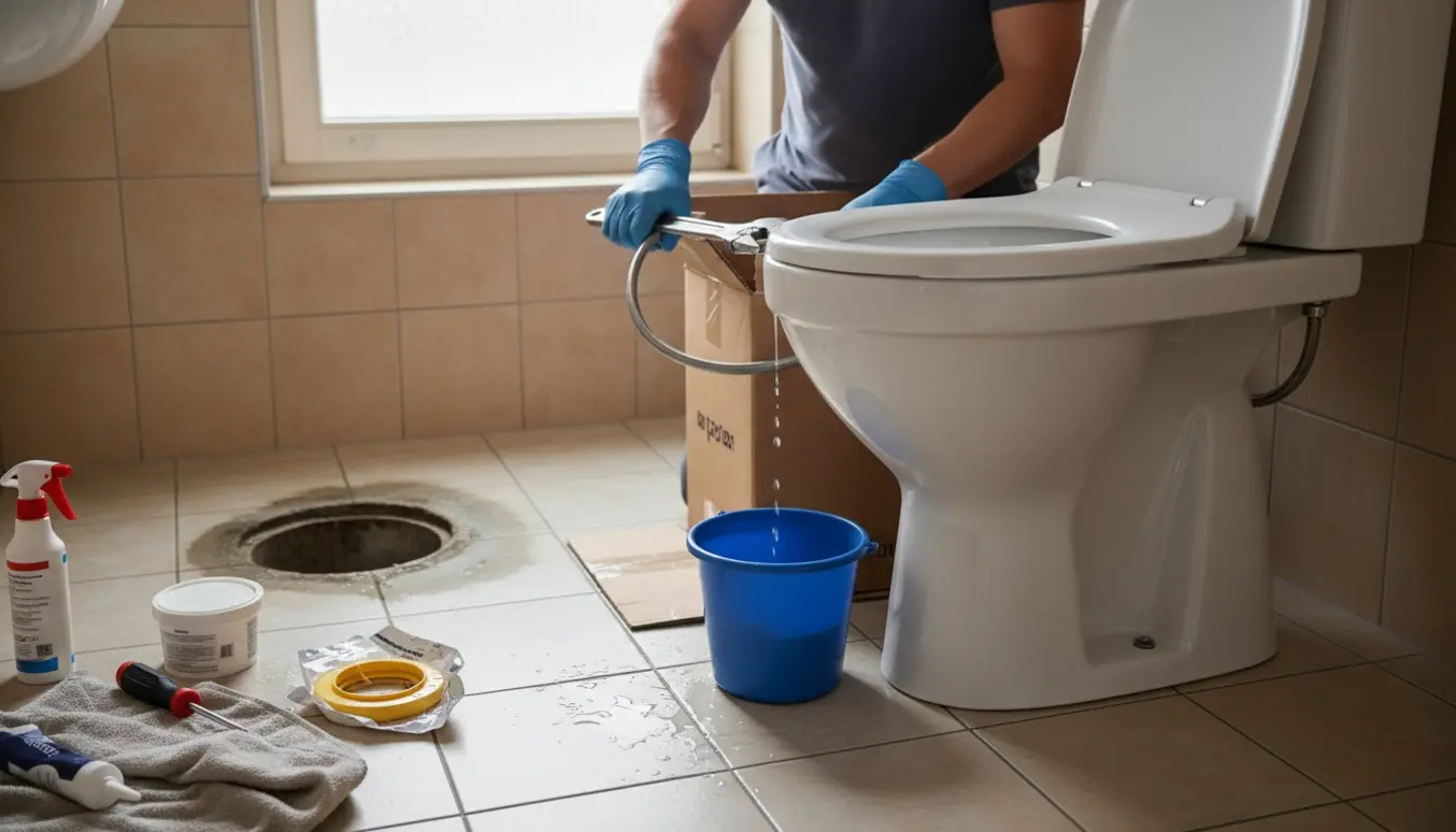 Ny Ifö-toilet installeres i et badeværelse, mens et utæt gammelt toilet er fjernet og værktøj ligger klar.