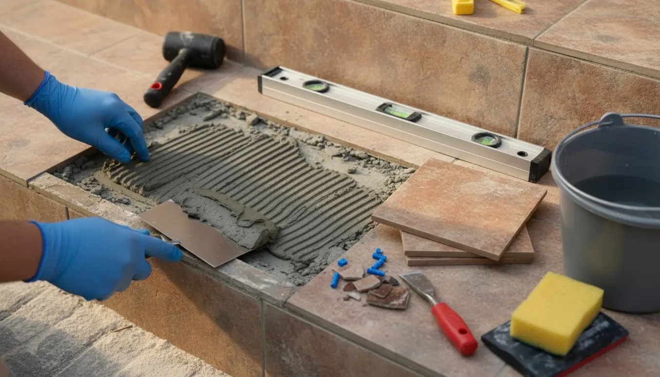 Nærbillede af reparation af knækket flise i trappens hjørne med nye fliser og murersværktøj.