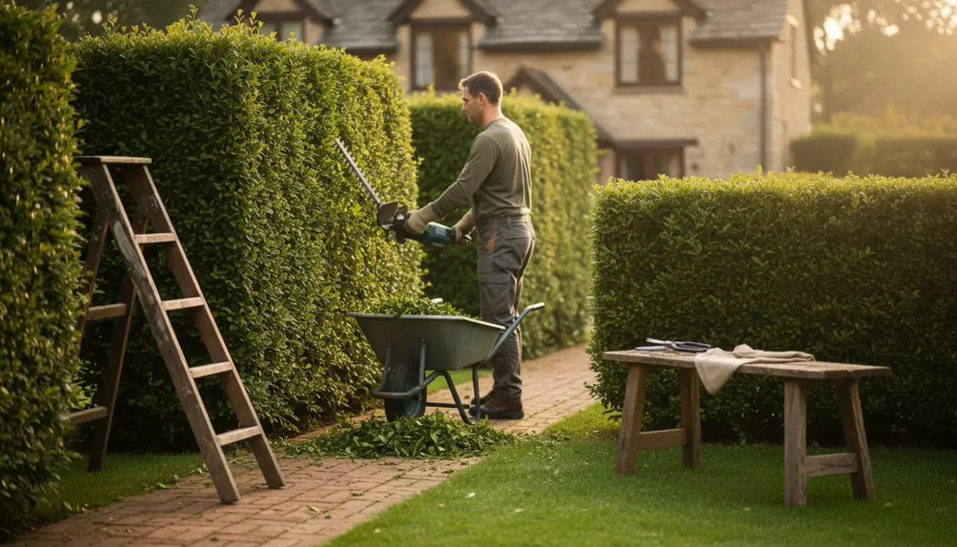 Person trimmer en grøn hæk ved en villahave med klippeaffald i en trillebør.