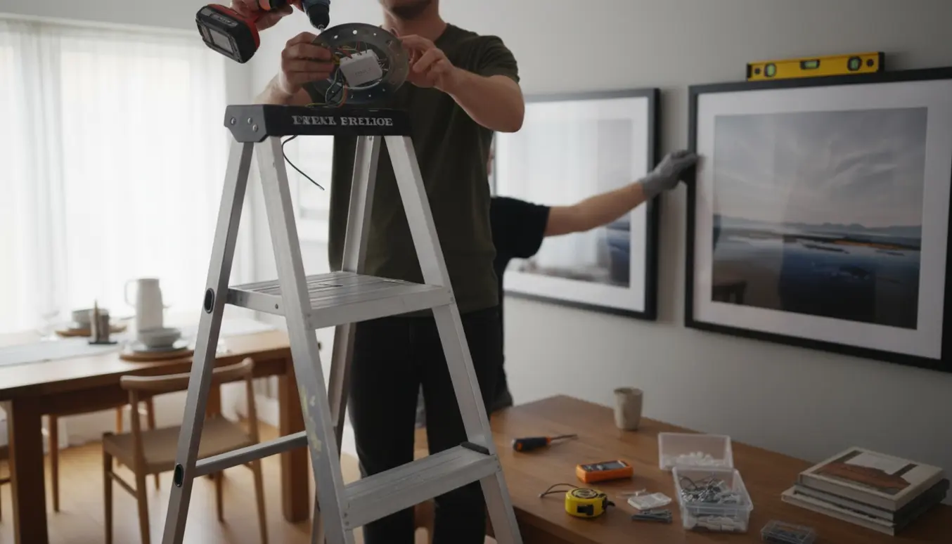 Montering af LED-pendel i loftet over spisebord mens to store billedrammer hænges op.