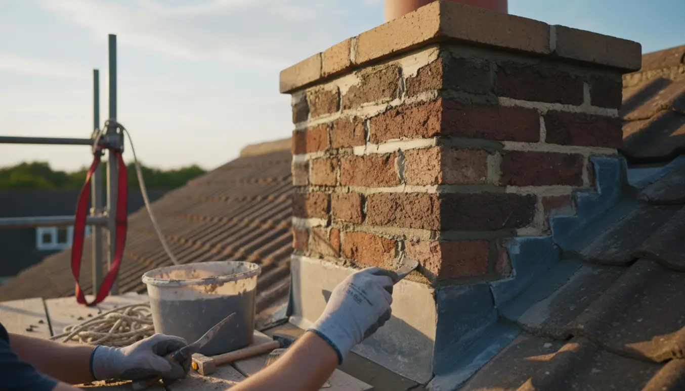 Nærbillede af reparation af skorstensfuger med frisk mørtel og murerredskaber på et tag.