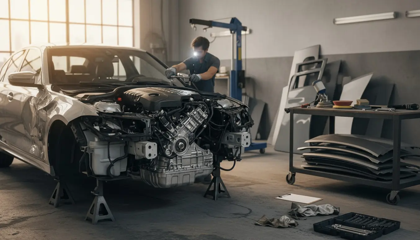 Delvist adskilt 2021 BMW 330i i et værksted med intakt motor og gearkasse, mens mekanikerhænders arbejder på motoren.