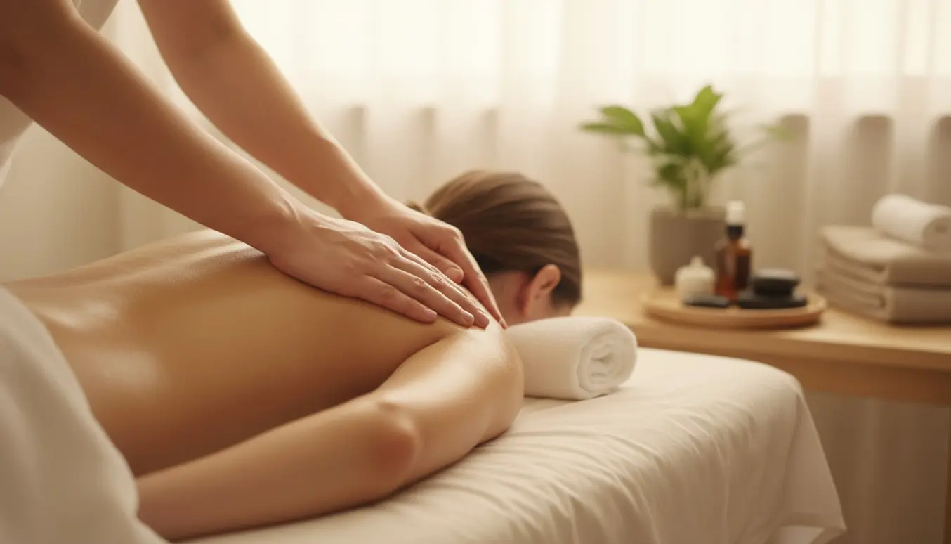 Massør masserer skulder og nakke på en klient på en massagebriks med olie og blødt naturligt lys.