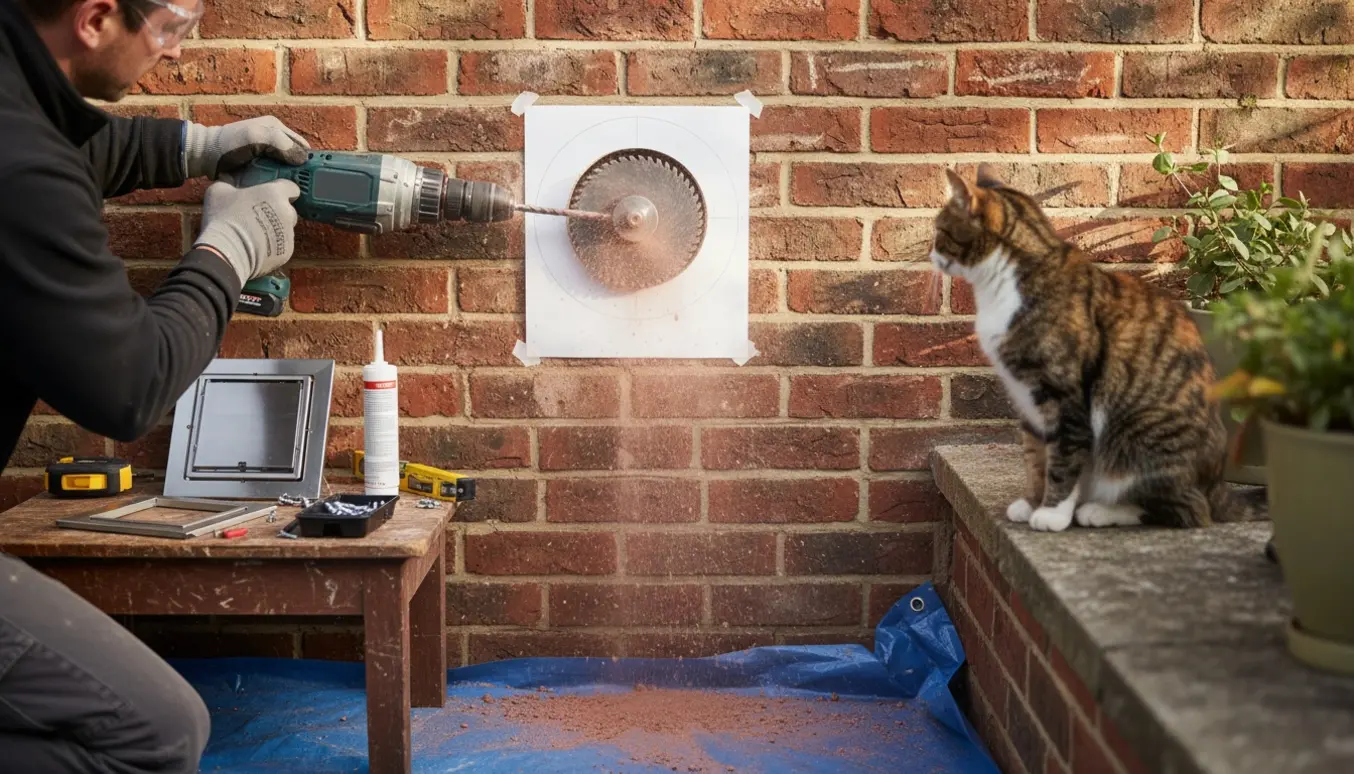 Installatør borer hul i murstensmur for at montere en kattelem, med værktøj og en nysgerrig kat i baggrunden.
