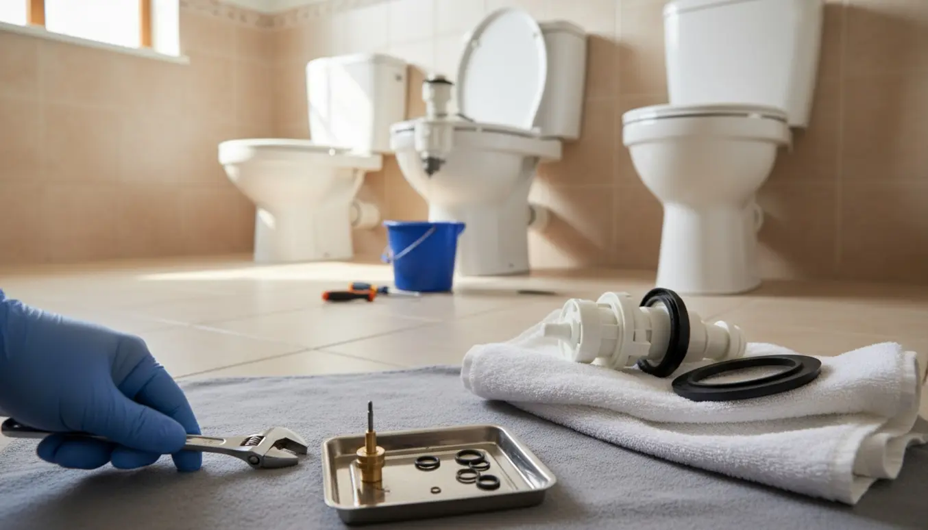 Åben cisterne ved et toilet og en radiator med fjernet termostat og udsat nålestykke klar til reparation.