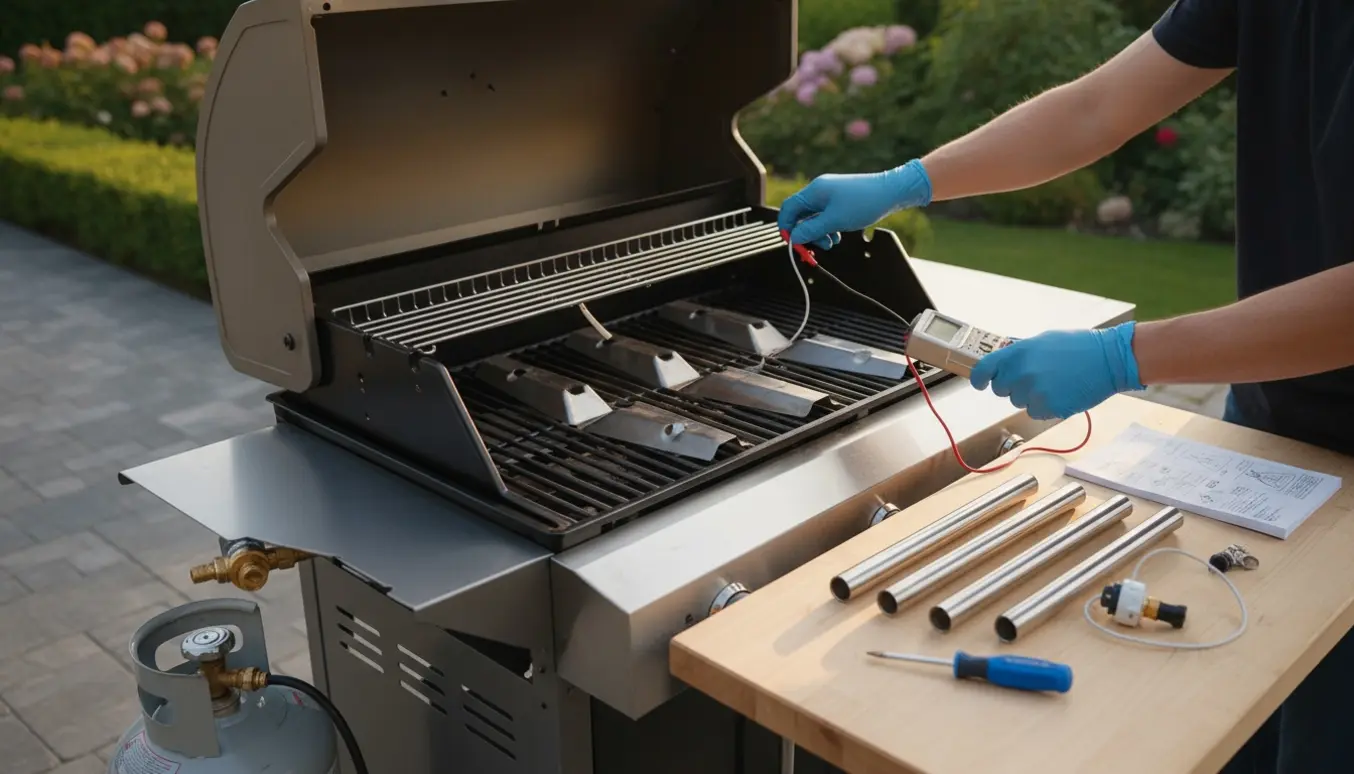 Handskerede hænder tester og reparerer en åben gasgrill med multimeter og reservedele i en solbeskinnet baghave.