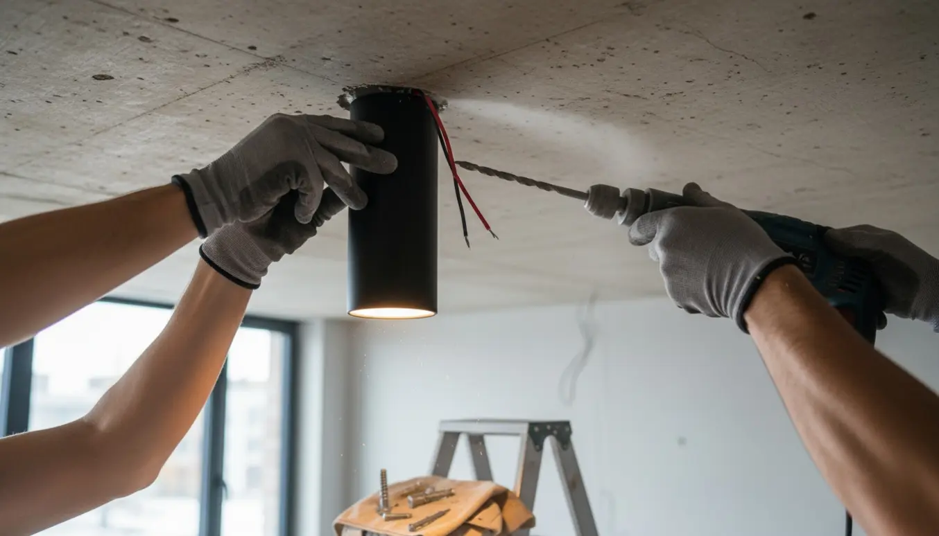 Nærbillede af en person, der hænger en pendellampe op i et råt betonloft med borestøv.