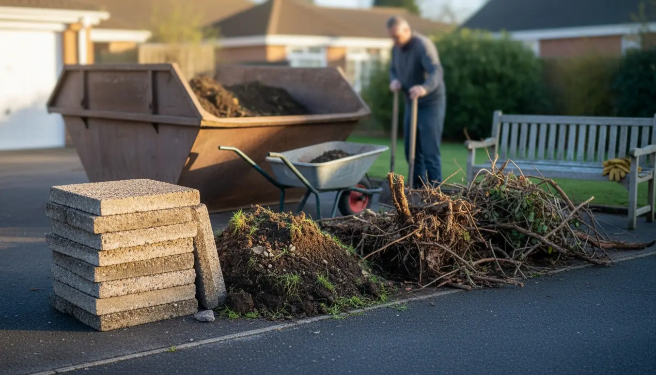 Stak betongfliser, en jordbunke og en bunke grene og rødder klar til afhentning ved en åben container.