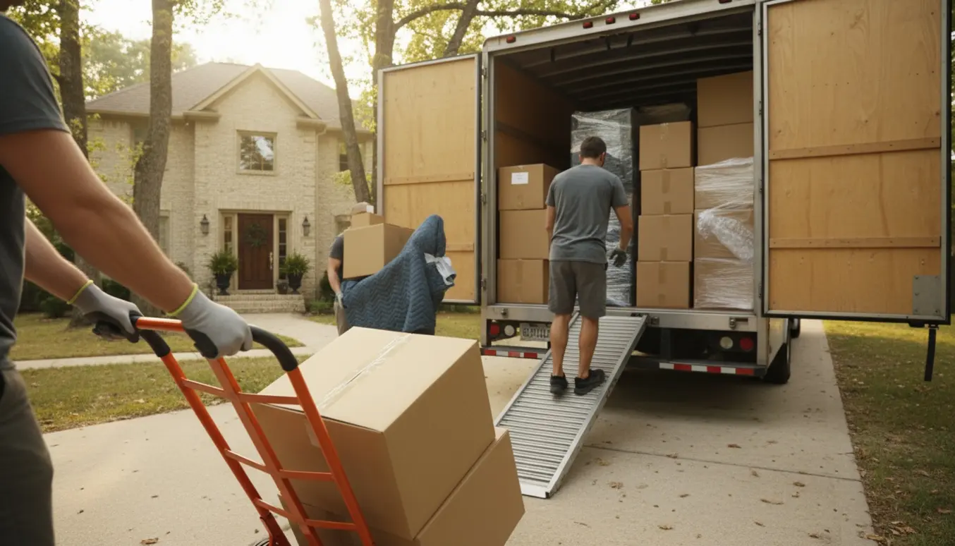 To personer tømmer en flyttebil med flyttekasser og en flyttetralle foran et hus i blødt morgenlys.