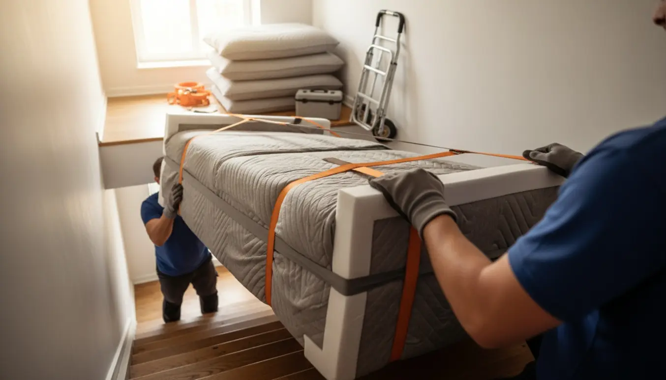 Flyttemedarbejdere bærer en stor sofa op ad en smal trappe med flyttetæpper og stropper, ansigter ikke synlige.