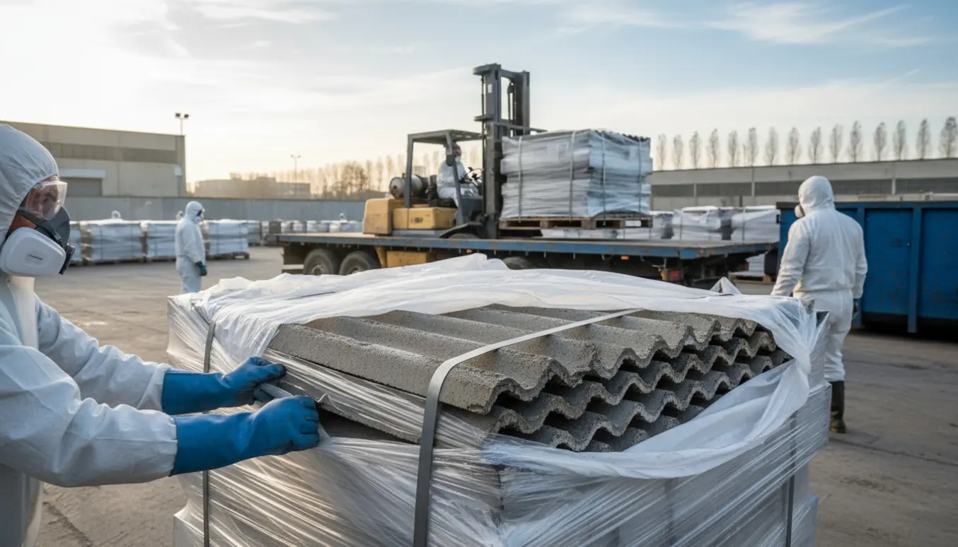 Indpakkede eternitplader læsses på en lastbil i et industrielt affaldsområde af arbejdere i beskyttelsesudstyr.