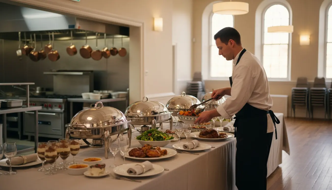 Kok anretter forretter, familiefade og desserter i glas på et langt dækket bord i et forsamlingshus.