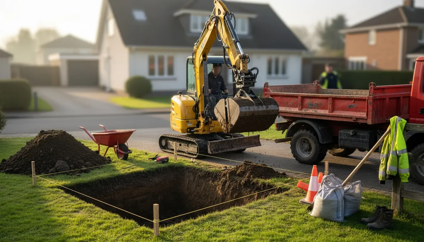 Gravemaskine læsser udgravet jord i en tipvogn ved en indkørsel, med en rektangulær udgravning og værktøj i baggrunden.