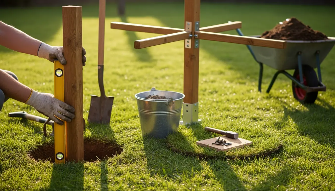 Delvist samlet træ­tørrestativ graves ned i en grøn græsplæne med skovl, vaterpas og betonspand ved siden af.