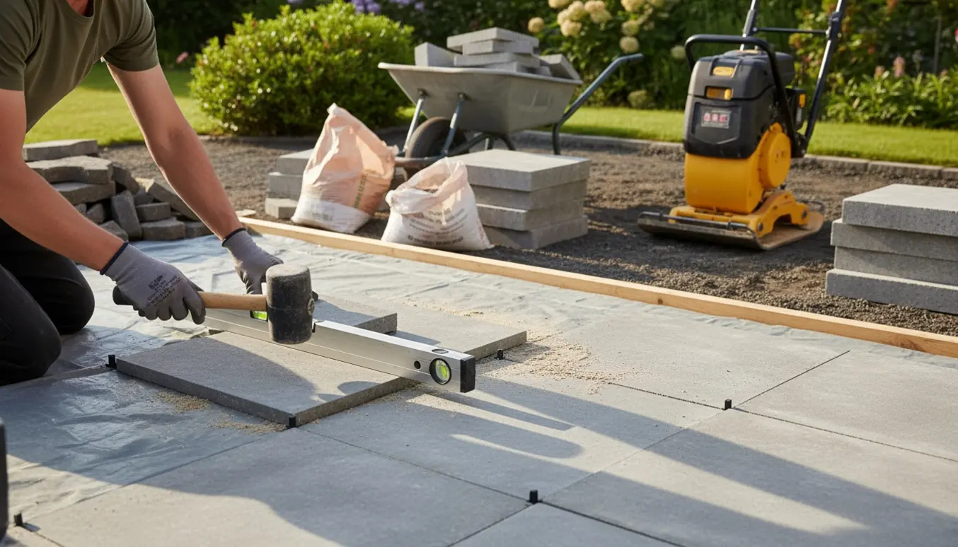 Udendørs terrasse under renovering, hvor nye 60x60 soldaterfliser lægges med værktøj og bunker af gamle fliser i baggrunden.