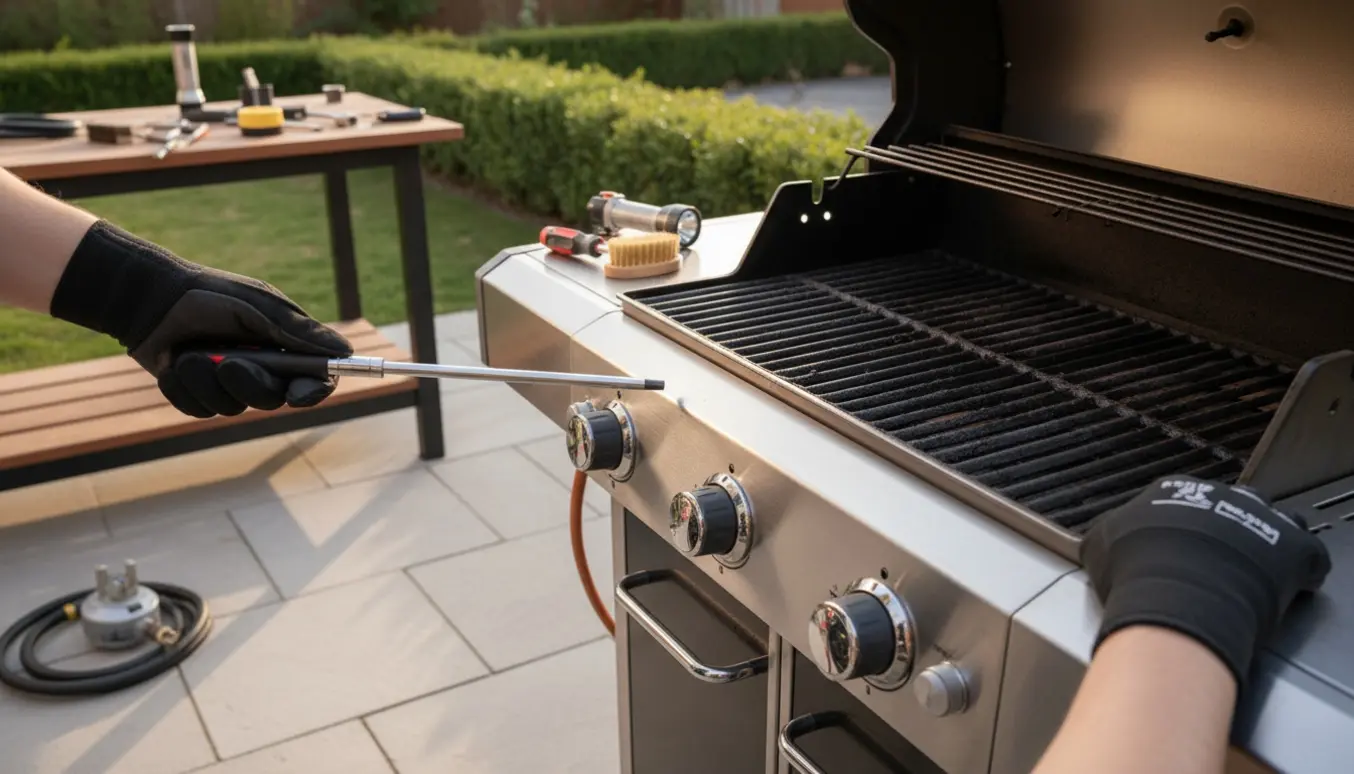 Nærbillede af en åben gasgrill på terrassen med lighter og værktøj, mens brænderne ikke vil tænde.