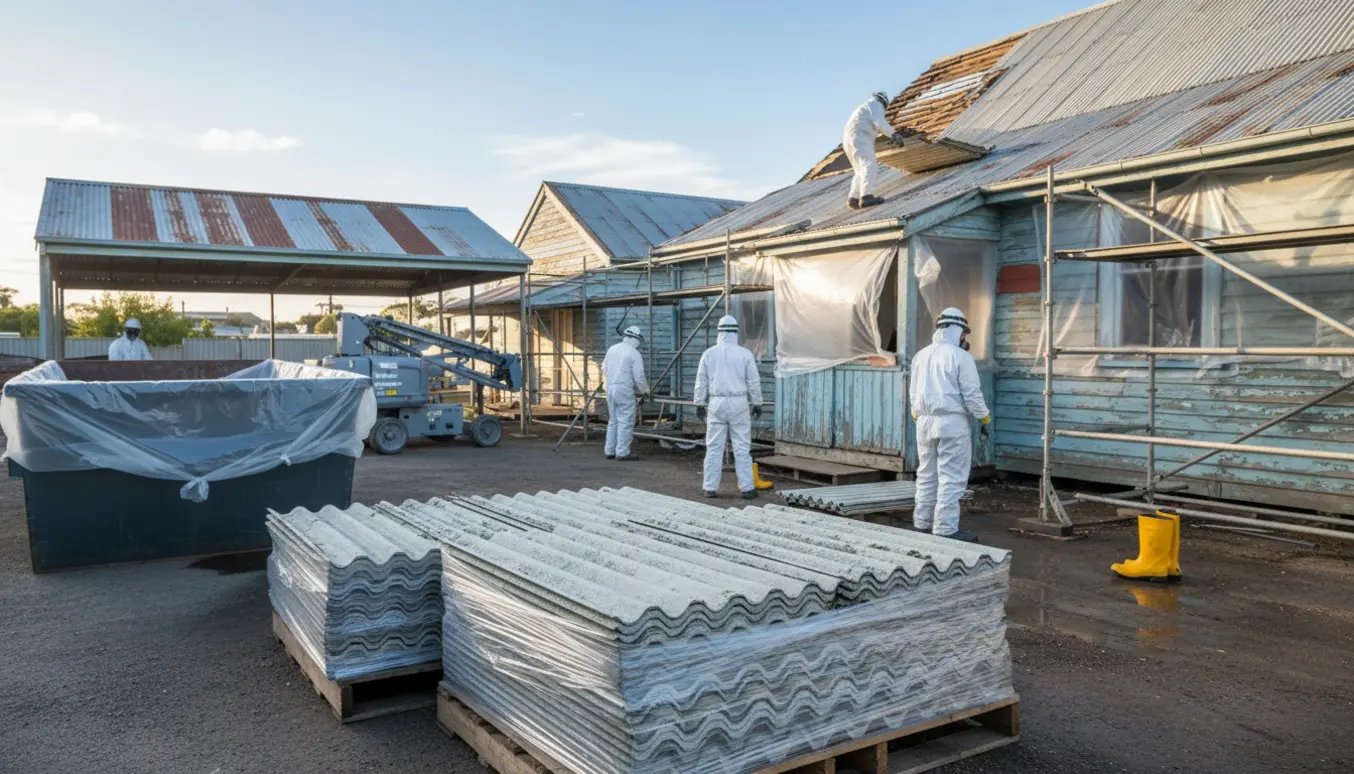 Arbejdstagere i beskyttelsesdragter fjerner asbestplader fra en gammel tømmerhal, med stakke af tagplader og sikkerhedsudstyr i forgrunden.