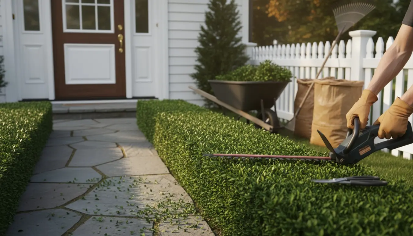 Nærbillede af nysnittet hæk ved en hvid hoveddør med handsker, beskæresakse og opsamlet hækaffald i en trillebør.