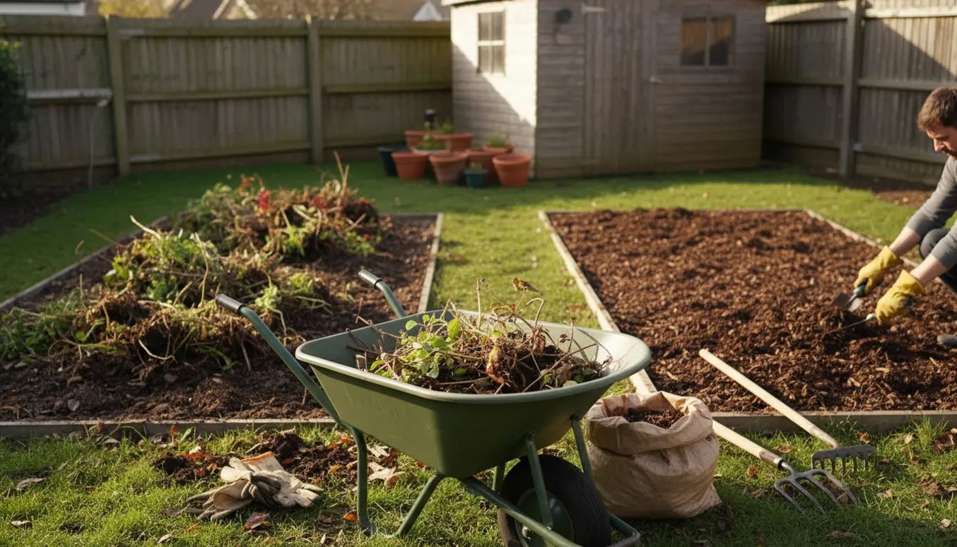 Oprydning i haven med to bede, trillebør, rive og kompostpose i blødt morgenslys.