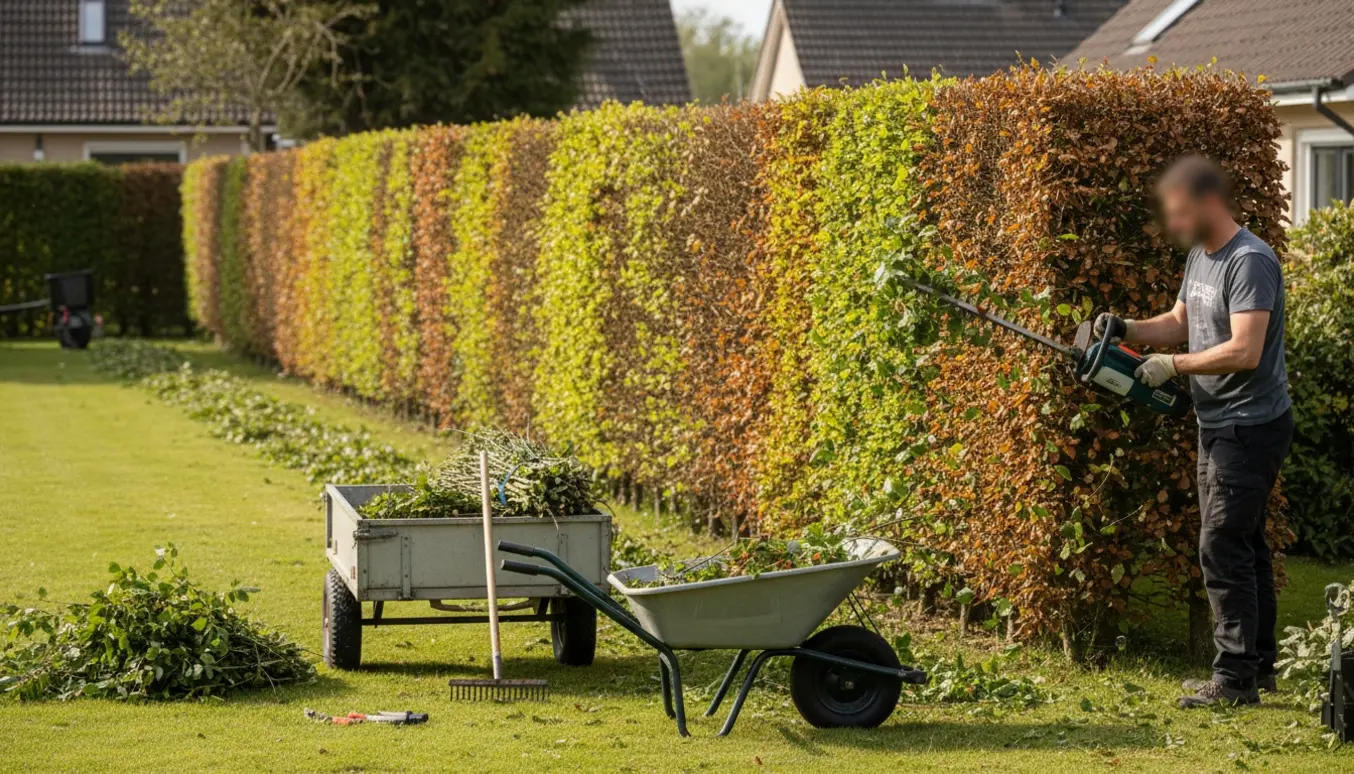Person klipper en ca. 30 m bøgehæk med hækkeklipper, og afklip ligger i trillebør klar til bortskafning.