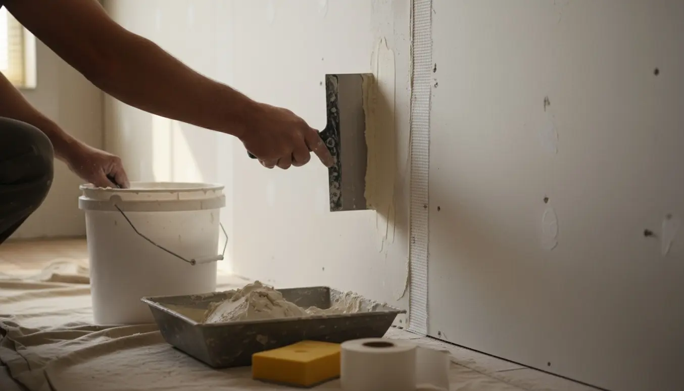 Hænder spartler samlinger på nysatte gipsvægge med spartelmasse og værktøj i et lyst rum.