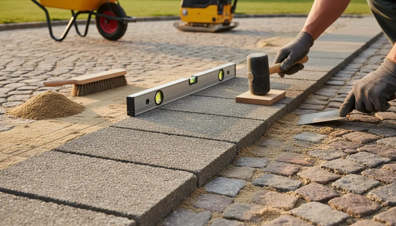 Nærbillede af en brolægger, der lægger betonfliser og chaussetsten på en sandbund med værktøj og udstyr klart.