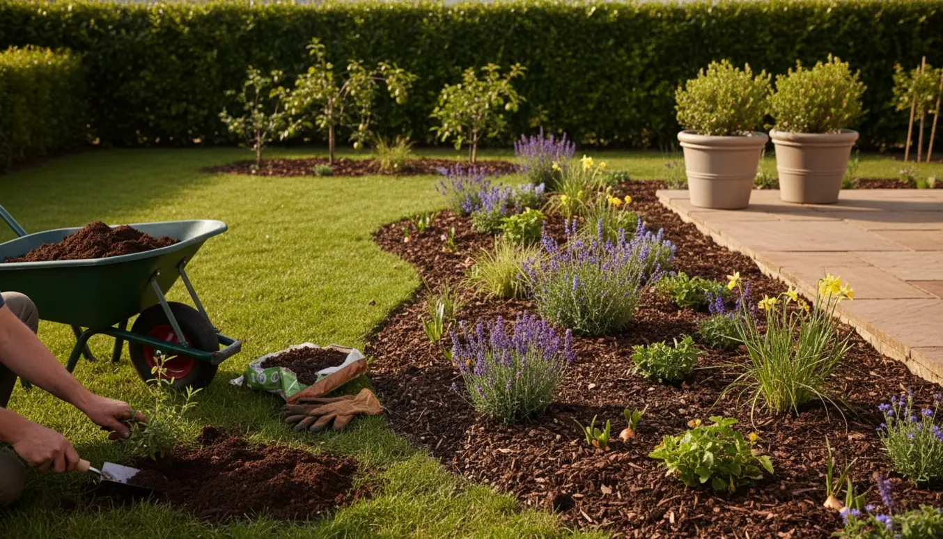 Solrig baghave med nyanlagte nemme bede, lavendel og prydgræsser samt en ny sten terrasse, hvor hænder planter stauder.