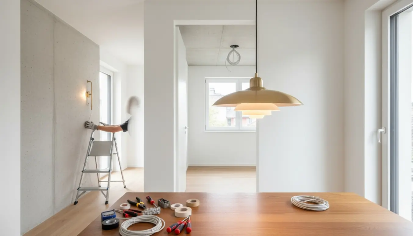 Installatør på stige installerer lamper under et betonagtigt loft med en hængende spisestuelampe og værktøj på bordet.